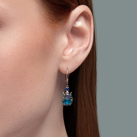 Серьги из серебра с фианитами и эмалью «Скарабей»