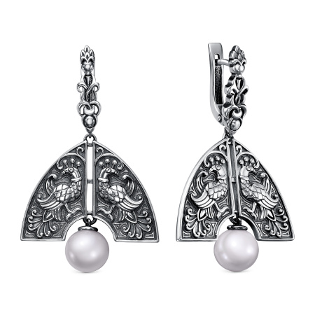 Серебряные серьги с жемчугом «Жар-птица» кокошник с жемчугом