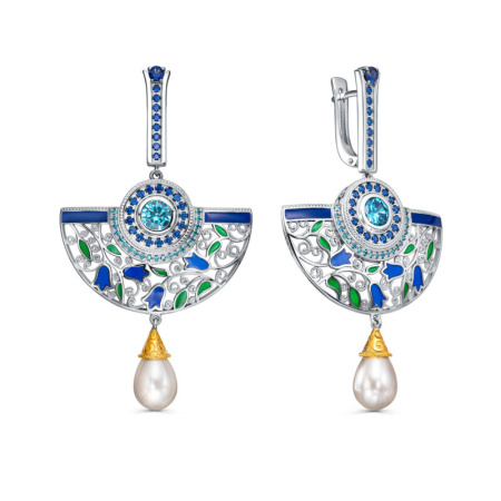 Серьги из серебра с жемчугом и фианитами с эмалью