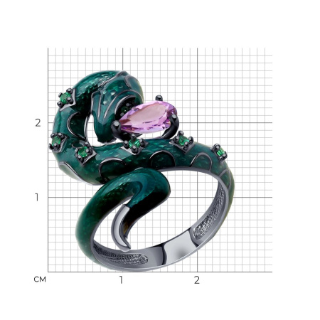 Серебряное кольцо с аметистом,эмалью и фианитами «Змея»