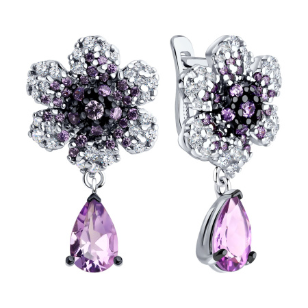 Серебряные серьги с аметистом и фианитами «Цветок»