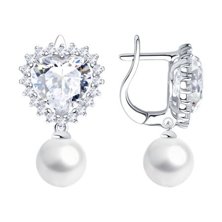 Серьги из серебра с жемчугом и фианитами «Сердце»