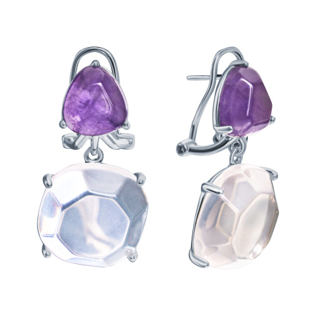 Серьги из серебра с аметистом и розовым кварцем