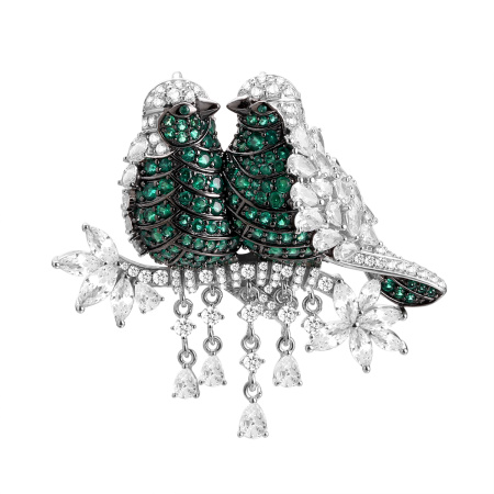 Серебряная брошь-подвеска с фианитами «Птички»