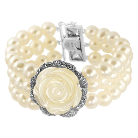 Серебряный браслет с жемчугом, перламутром и марказитами Swarovski