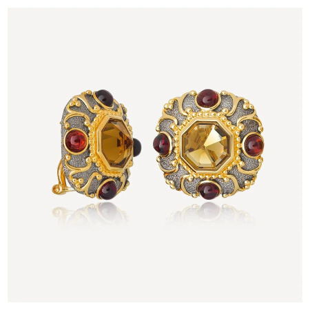 Серьги из серебра с коньячным кварцем и гранатом