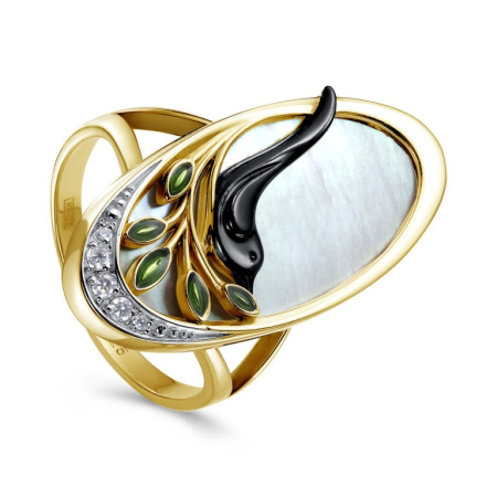 Кольцо из серебра с перламутром, фианитами и холодной эмалью «Соловушка»