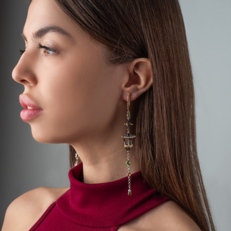 Серебряные серьги с цитрином, хризолитом, фианитами «Фонарь»