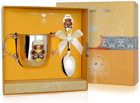 Серебряный набор «Мишка» с эмалью поильник и ложка