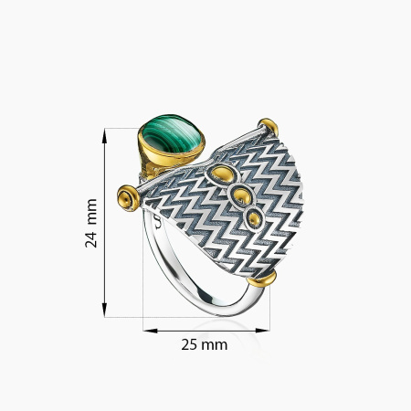 Кольцо из серебра с малахитом в позолоте