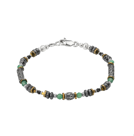 Браслет из серебра с хризопразом, гематитом и пиритом