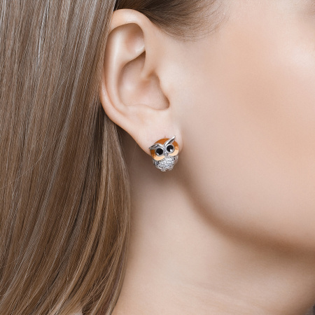 Серьги из серебра с эмалью и фианитами «Сова»