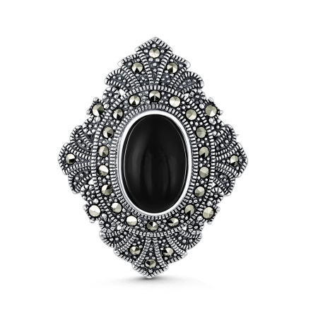 Серебряная брошь-подвеска с ониксом и марказитами