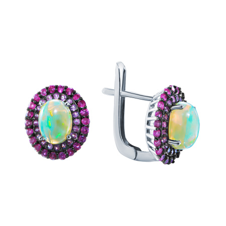Серьги из серебра с розовым сапфиром и опалом