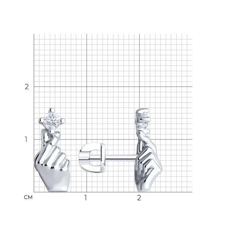 Серебряные серьги-пуссеты с фианитом «Рука»