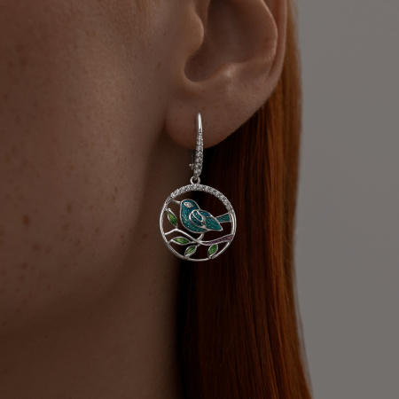 Серьги из серебра с фианитами и эмалью «Птичка»