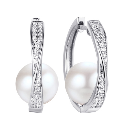 Серебряные серьги-конго с жемчугом и фианитами