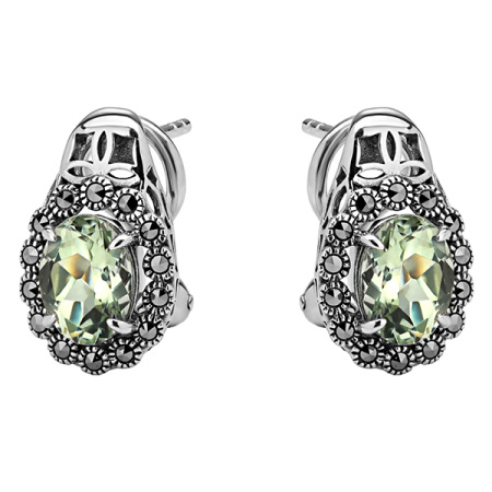 Серебряные серьги с зеленым аметистом и марказитами Swarovski
