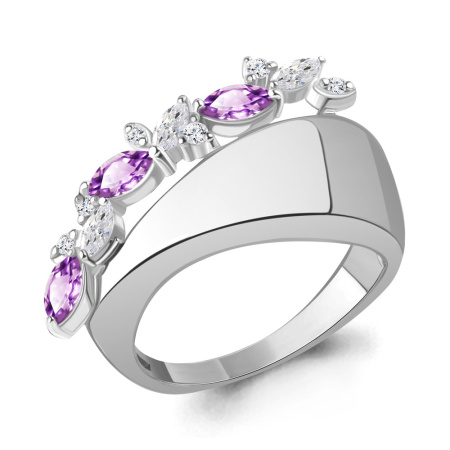 Серебряное уольцо с фианитами и аметистами