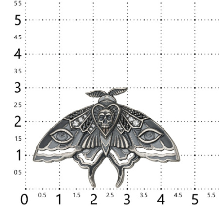 Серебряная брошь «Мотылек бражник» череп с эмалью и фианитами