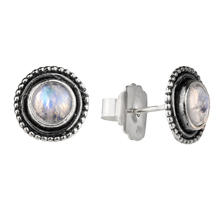 Серебряные серьги гвоздики с лунным камнем