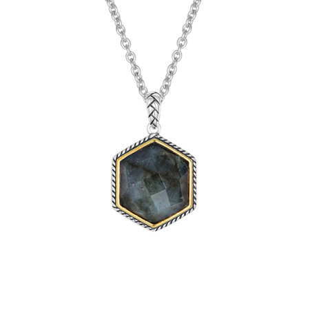 Серебряный кулон на цепи с лабрадоритом и позолотой