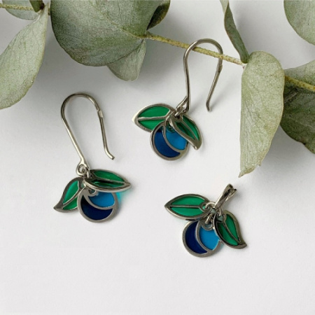 Серьги из серебра с витражной эмалью «Черника»