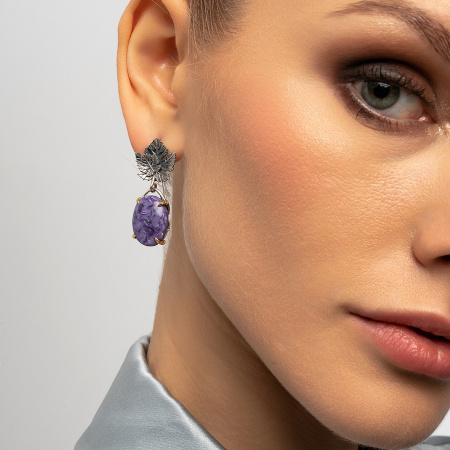 Серьги из серебра с камнем чароит