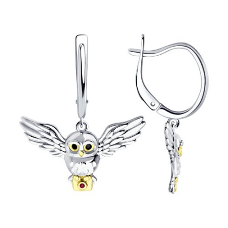 Серьги из золочёного серебра с корундами и фианитами «Сова»