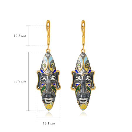 Серебряные серьги «Африканская маска Оконга» (золочение), разноцветные