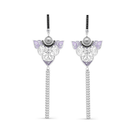 Серьги из серебра с жемчугом, шпинелью, фианитами и эмалью