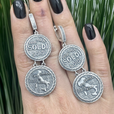 Длинные серьги из серебра монетки «Италия»