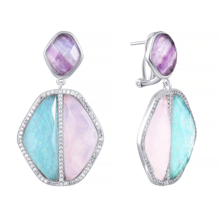 Серьги из серебра с розовым кварцем, амазанитом и фианитами