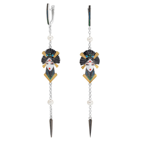 Серьги из серебра «Гейши» с фианитами и эмалью