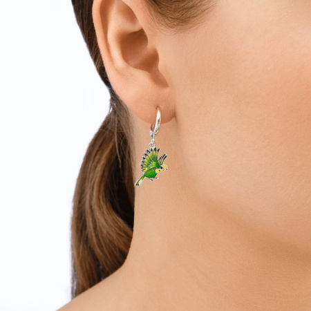 Серебряные серьги с эмалью «Рыба Попугай» зеленые