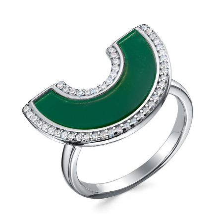 Серебряное кольцо с зеленым агатом и фианитами