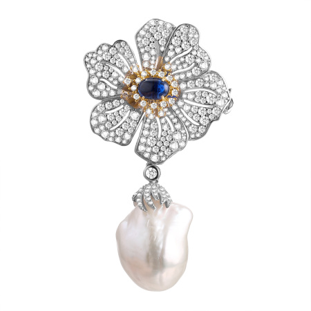 Серебряная брошь-подвеска с жемчугом, фианитом и ситаллом