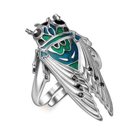 Кольцо из серебра с эмалью и фианитами «Цикада»