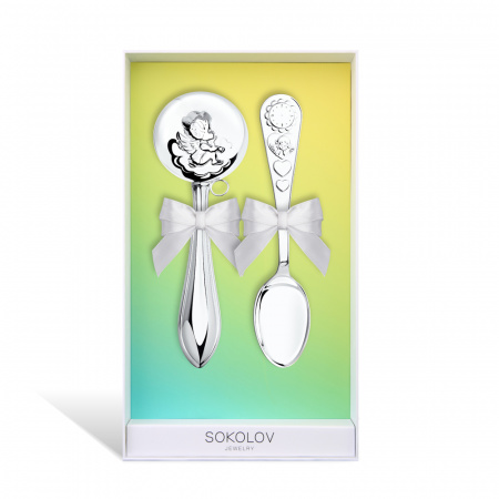 Серебряный набор «Часы с сердечком» ложка и погремушка