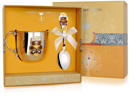 Серебряный набор «Мишка» кружка и ложка с эмалью