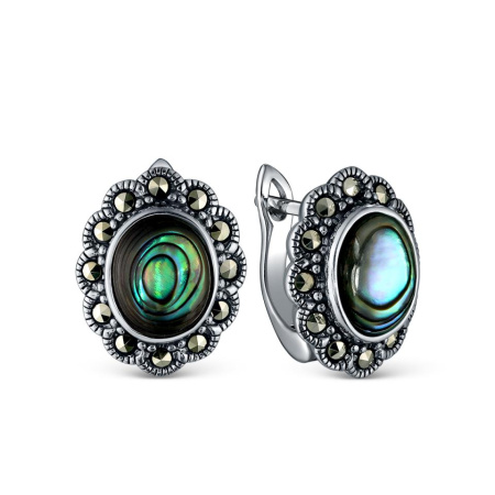 Серьги из чернёного серебра с перламутром и марказитами