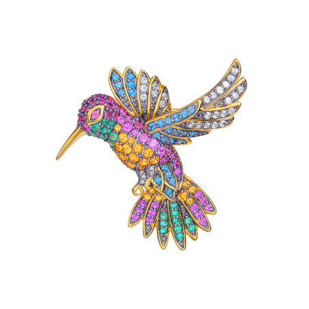 Брошь - кулон «Колибри» с бриллиантами, изумрудами, топазами, турмалинами и родолитами