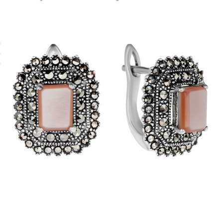 Серьги из серебра с марказитами и розовым перламутром