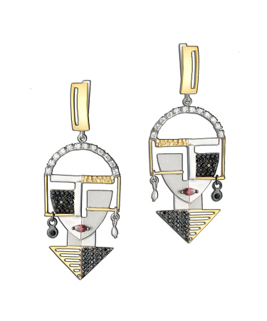 Серьги из серебра «Лица» с позолотой, фианитами и жемчугом