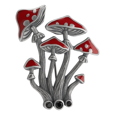 Брошь из серебра с фианитом и эмалью «Поганки»