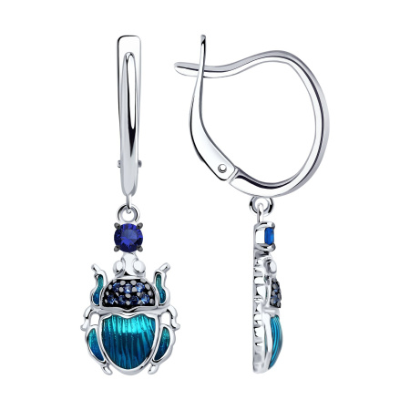 Серьги из серебра с фианитами и эмалью «Скарабей»