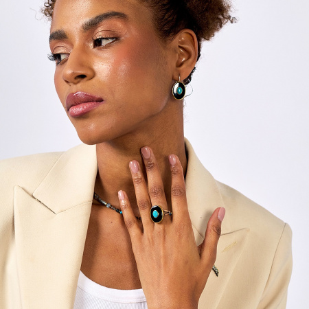 Кольцо из серебра «Ночной Океан» с бирюзой и ониксом