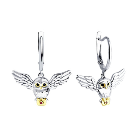 Серьги из золочёного серебра с корундами и фианитами «Сова»