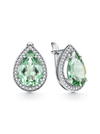 Серьги из серебра с фианитами и зеленым аметистом