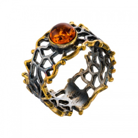 Серебряное кольцо широкое «Янтарь и водоросли»